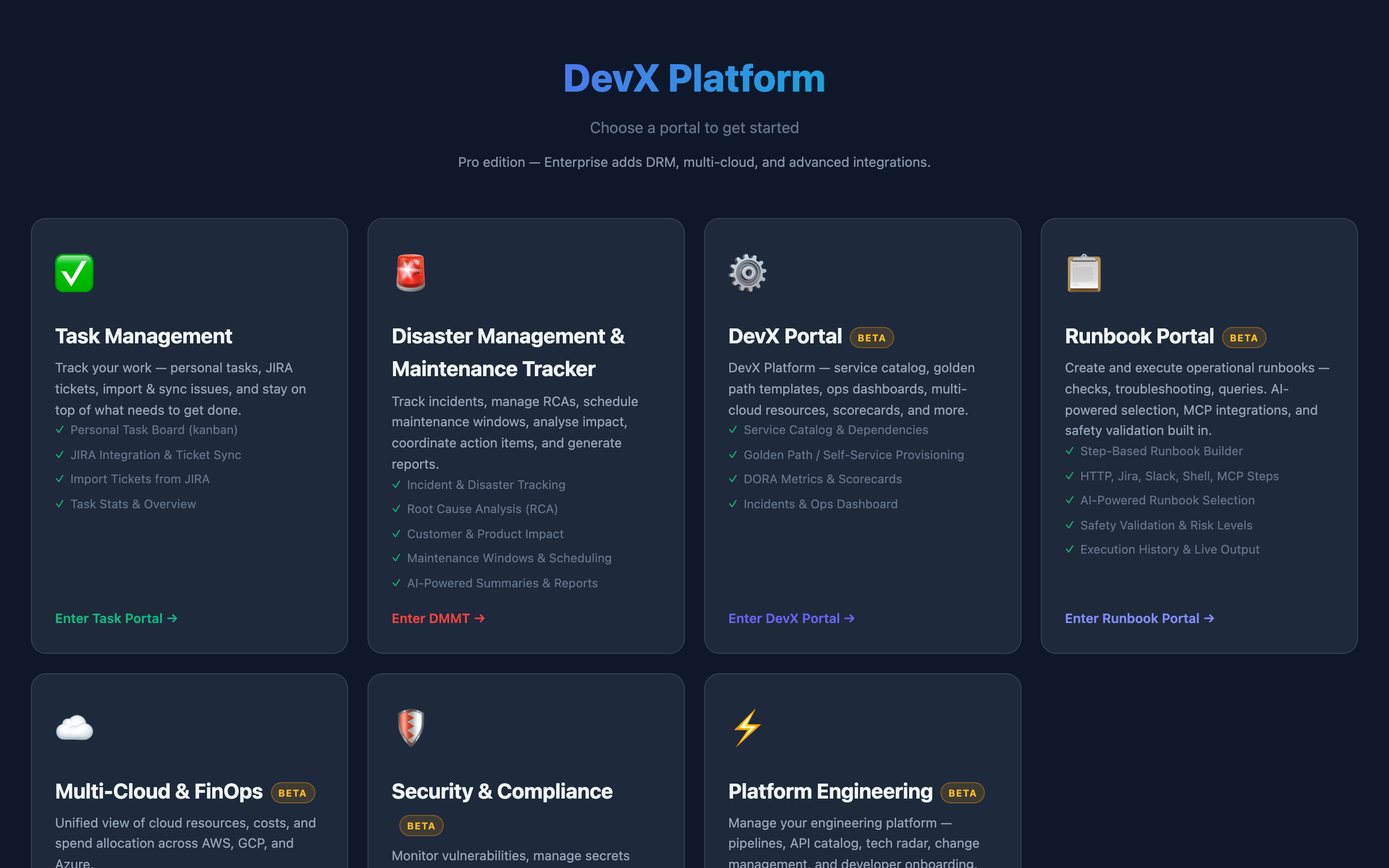 Krado One portal home showing all portals with Beta badges